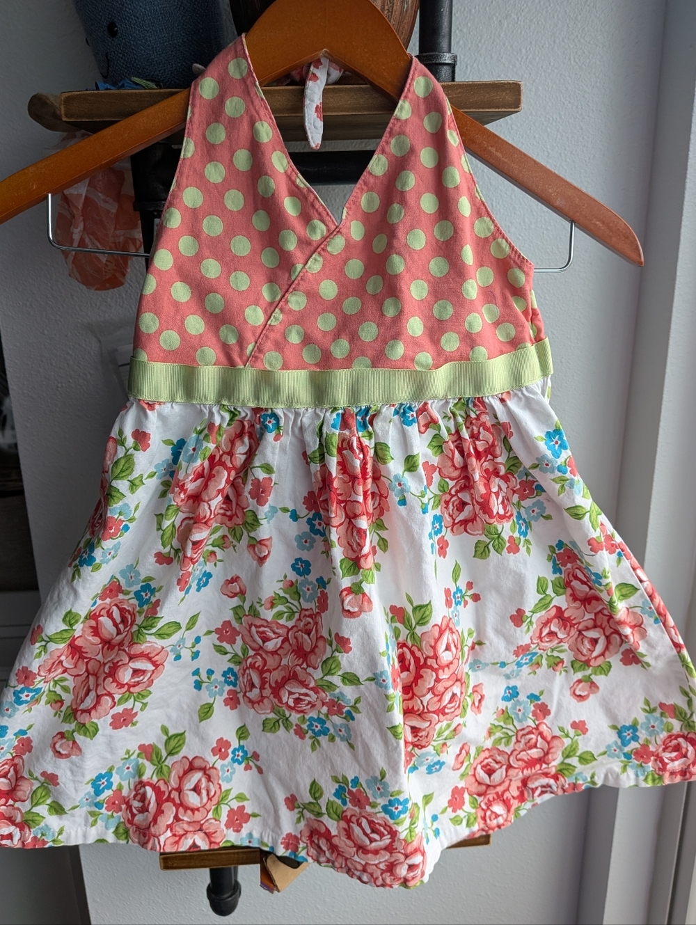 Beary Basics Girls Size 5 Floral & Polka Dot Halter Dress Made in USA Cotton